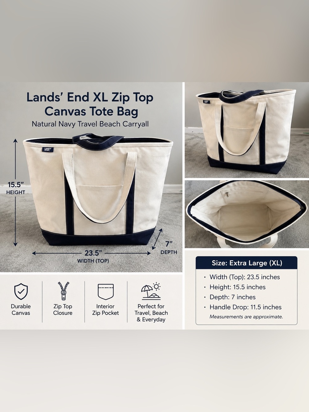 Lands’ End XL Zip Top Canvas Tote Bag Natural Navy Travel Beach Carryall